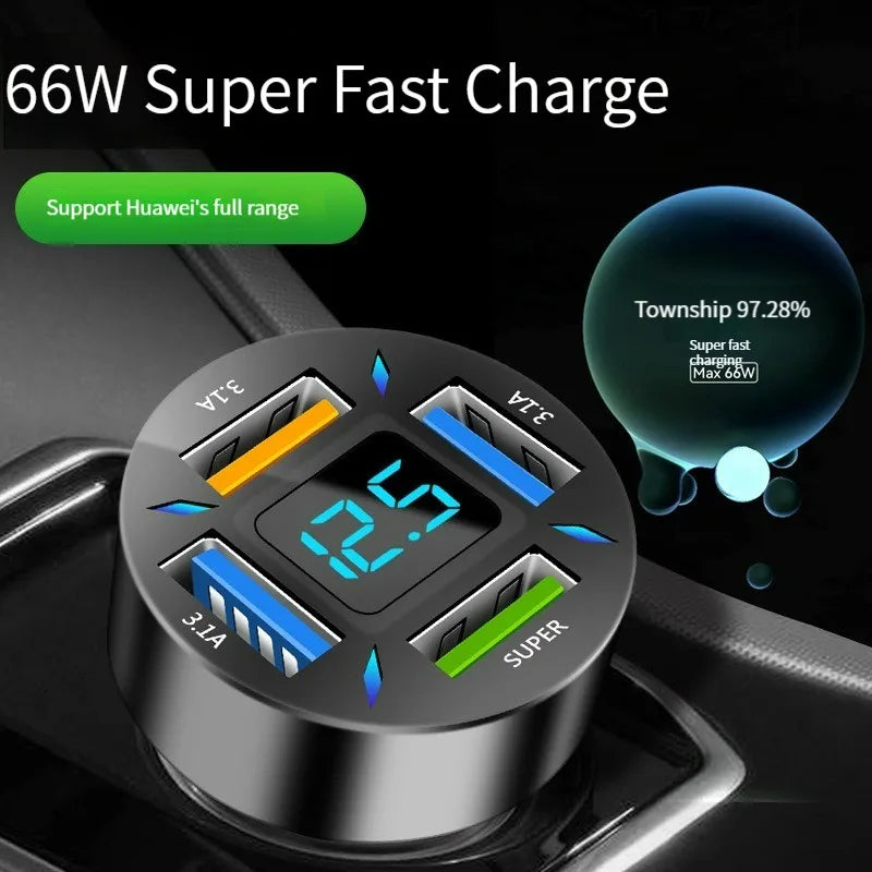 66W 4-Port USB Car Charger – Fast Charging PD & QC 3.0 Adapter with LED Display