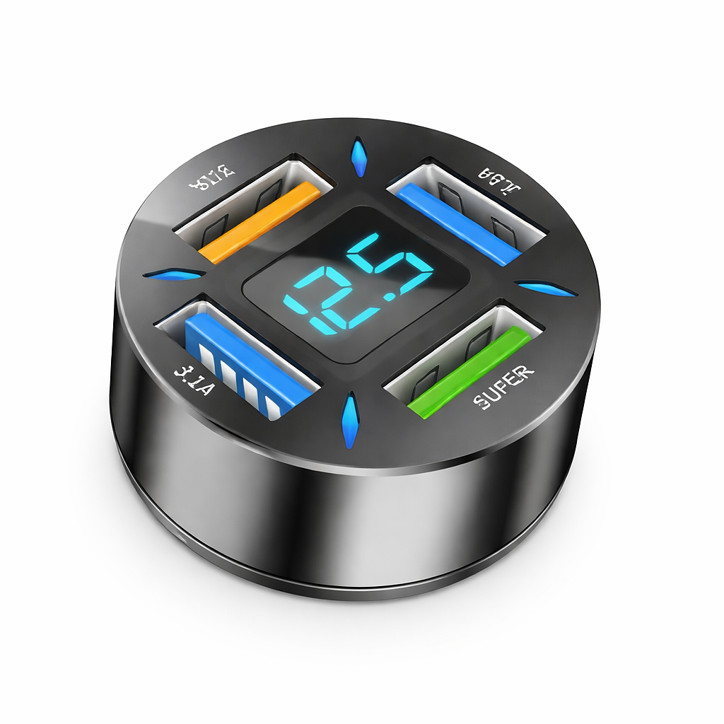 66W 4-Port USB Car Charger – Fast Charging PD & QC 3.0 Adapter with LED Display