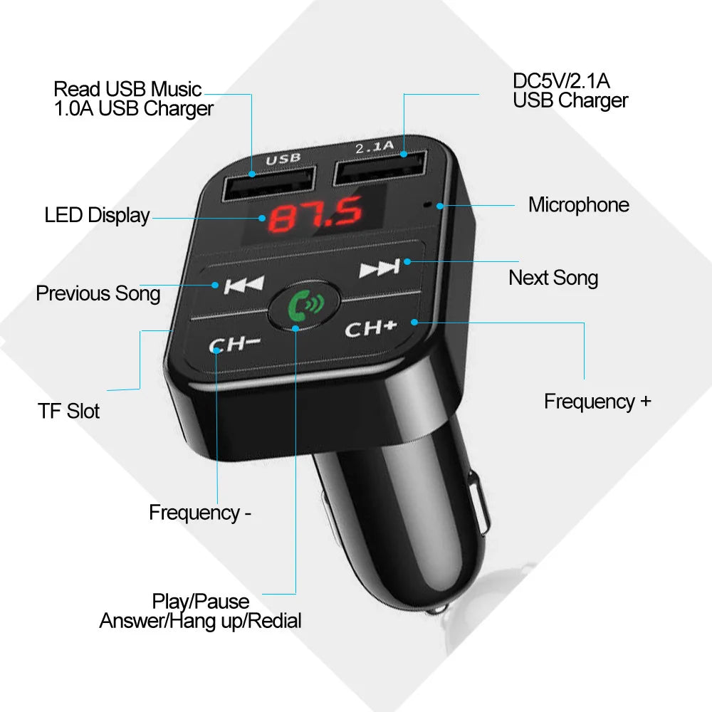 Car Handsfree Bluetooth 5.0 MP3 Player – FM Transmitter & USB Fast Charger