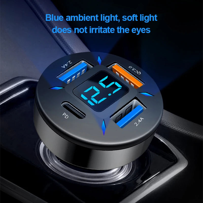 66W 4-Port USB Car Charger – Fast Charging PD & QC 3.0 Adapter with LED Display