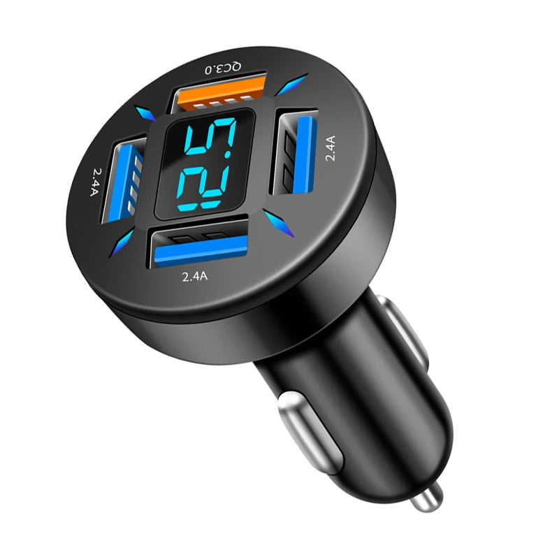 66W 4-Port USB Car Charger – Fast Charging PD & QC 3.0 Adapter with LED Display