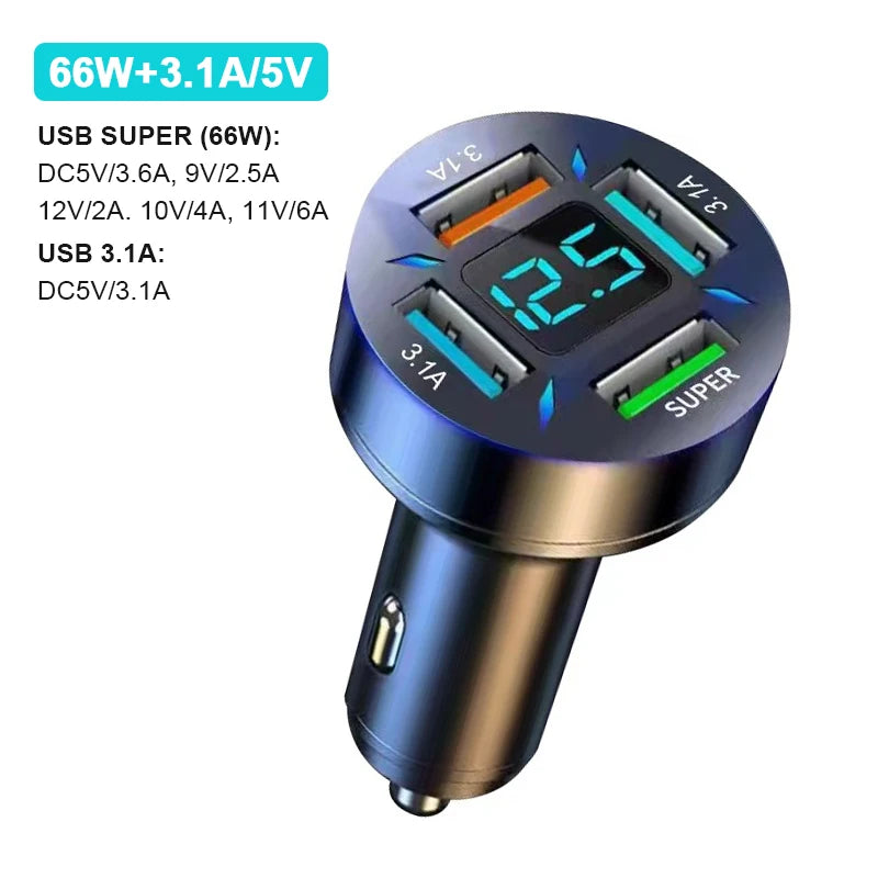 66W 4-Port USB Car Charger – Fast Charging PD & QC 3.0 Adapter with LED Display