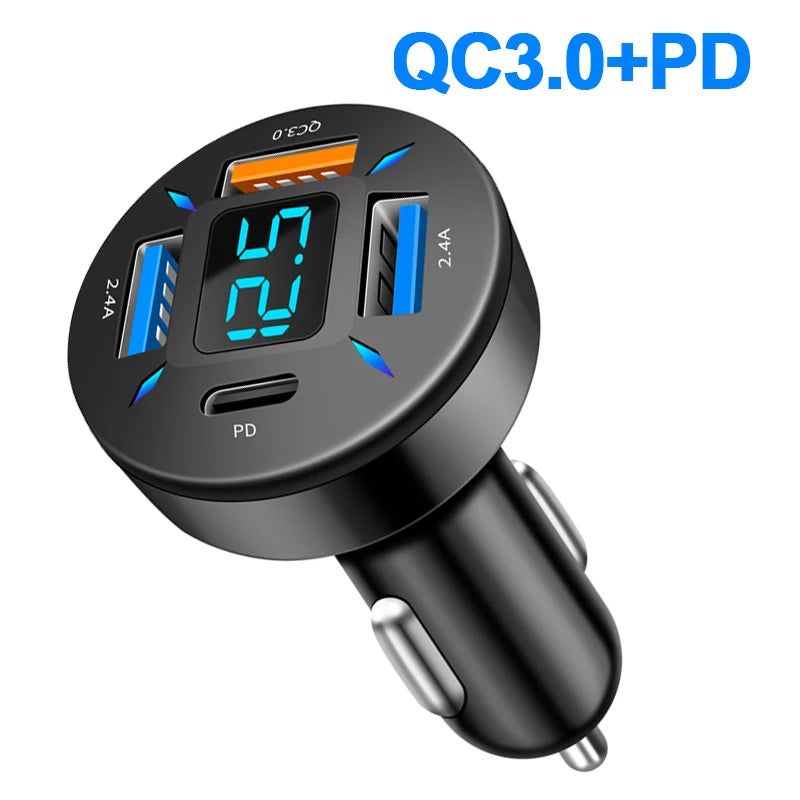 66W 4-Port USB Car Charger – Fast Charging PD & QC 3.0 Adapter with LED Display