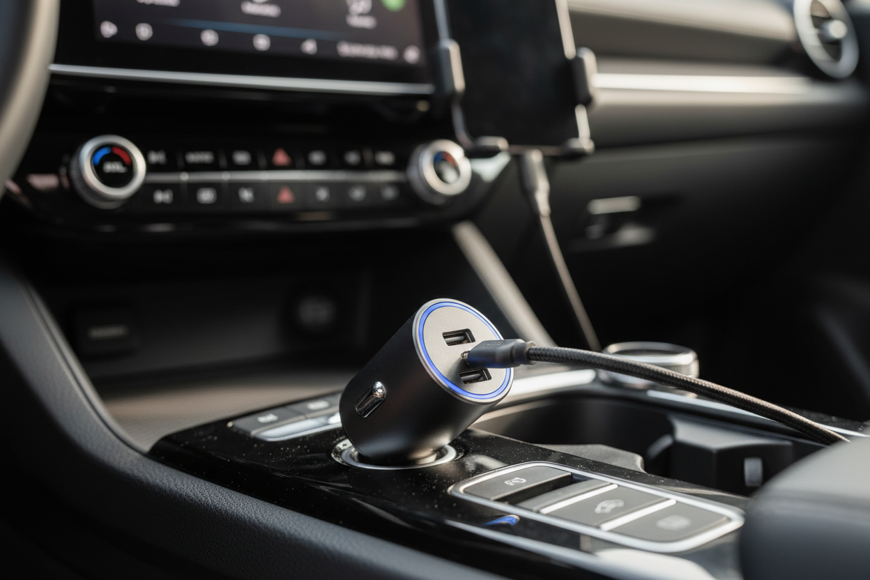image de gadget electronique pour voiture, un chargeur fast usb c dans une voiture